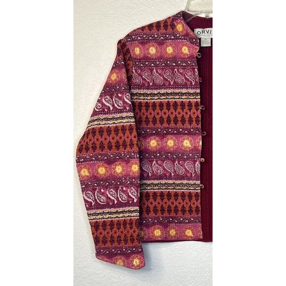 ORVIS Quilted Dress Jacket Women’s Sz XL Colorful Designs Burgundy Pink Yellow - Picture 3 of 12